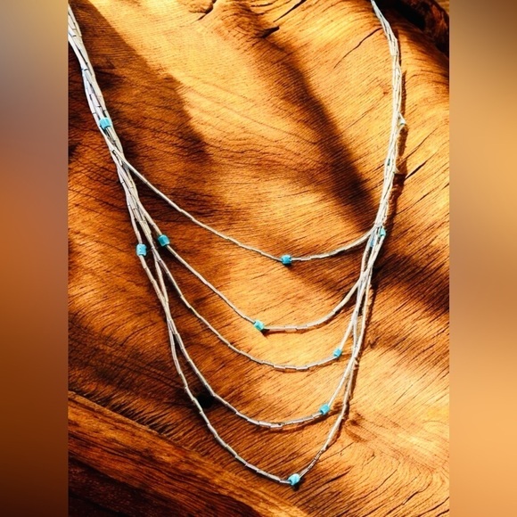Native American 5-Strand Liquid Silver & Turquoise Beaded Waterfall Necklace - Picture 4 of 5